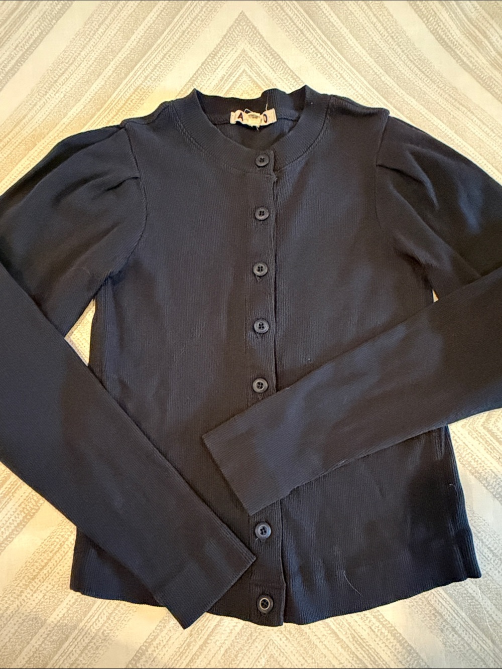 AMO Black Puff Shoulder Ribbed Cardigan Sweater Size Small